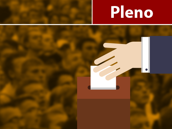 Ilustração representativa de uma pessoa votando. Presença de um título escrito “Pleno”.