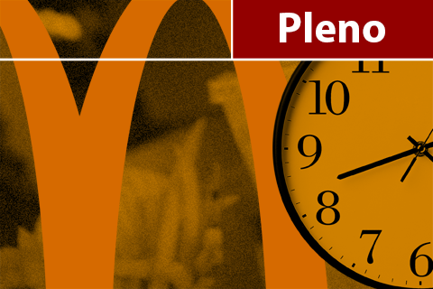 Ilustração com o M da Mc Donald's e um relógio. Contém texto &quot;Pleno&quot;