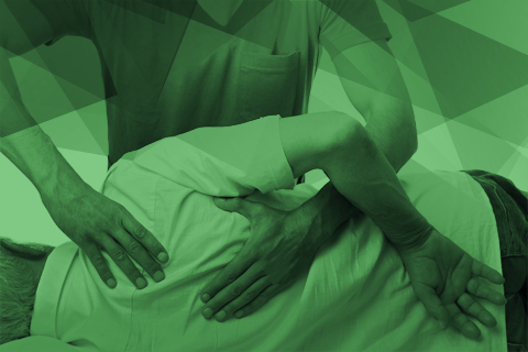 Ilustração com um fisioterapeuta realizando tratamento. O paciente está deitado e é possível ver suas costas, o fisioterapeuta toca a sua omoplata 