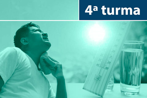 Ilustração de um homem suando debaixo de sol. Contém texto &quot;4ª Turma&quot;