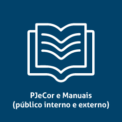 Imagem de livro aberto e texto PJECOR E MANUAIS (PÚBLICO INTERNO E EXTERNO)
