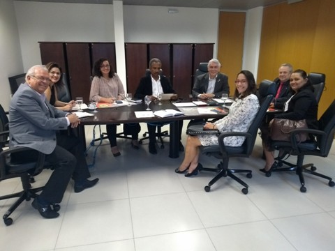 Fotografia de oito pessoas sentadas a mesa de reuniões