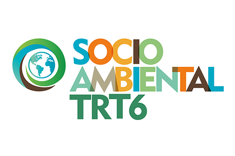 Logotipo com o texto “Socioambiental do TRT6”, letras coloridas e ilustração do planeta Terra na lateral