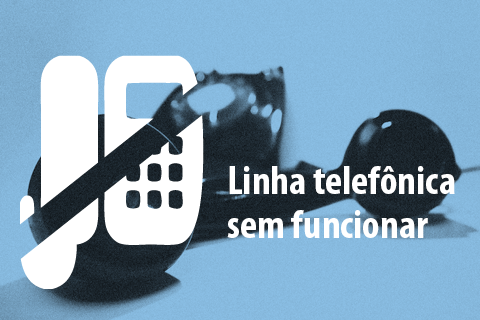 Imagem com fundo azul, ilustração de um telefone e texto “Linha telefônica sem funcionar”