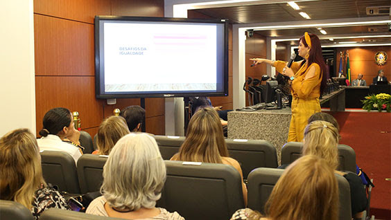 Imagem de palestrante falando para os presentes ao encontro na Sala do Pleno