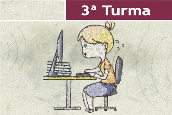 Ilustração – Trabalhadora sentada no computador atordoada com condições insalubres de trabalho –  3ª Turma