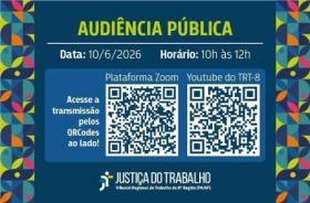 Arte com fundo na cor azul, contendo informações sobre a audiência pública, QRS CODE e logo do trt8