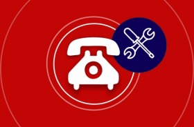 Sobre fundo vermelho, a imagem de um telefone e instrumentos de conserto