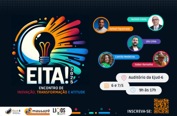 Card preto com a logomarca do evento, uma lâmpada emanando cores, que conota ideia e inovação. 