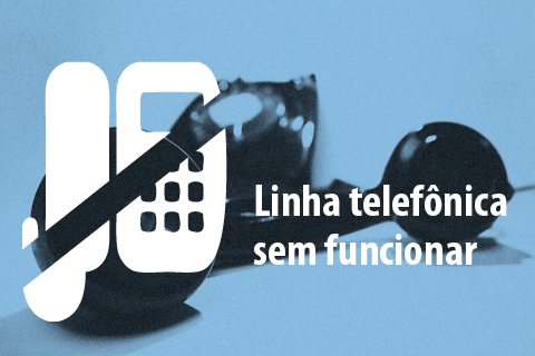 Imagem de um telefone e uma tarja preta e o texto 'linha telefônica sem funcionar'