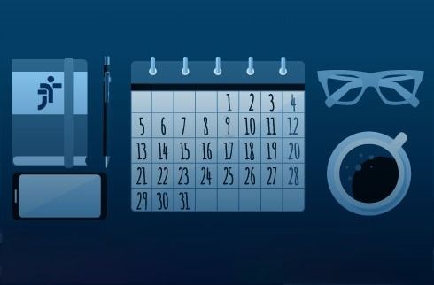 Desenho de uma mesa com um calendário, um bloco de notas, um celular e um óculos em cima