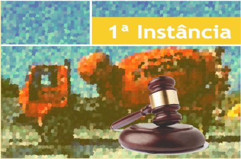 Ilustração de um caminhão de cimento. Na frente dele há uma imagem de um martelo de juiz e o texto &quot;1ª instância&quot;