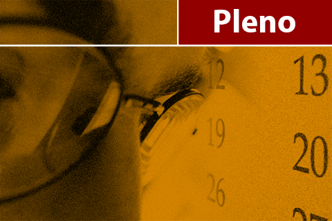 Ilustração com olhos de uma pessoa e um relógio de fundo. No topo da figura, há o texto “Pleno”