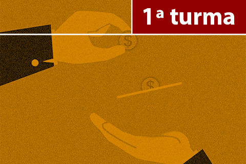 Ilustração de mãos trocando moedas. Contém texto &quot;1ª Turma&quot;
