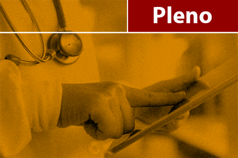 Ilustração de um médico olhando um prontuário, contém texto &quot;Pleno&quot;