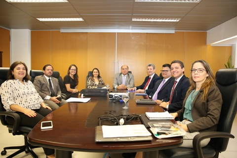 Fotografia de nove pessoas sentadas em volta de uma mesa de reuniões