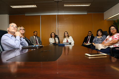 Fotografia de oito pessoas sentadas à mesa de reuniões