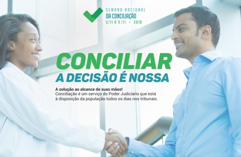 Ilustração de duas pessoas apertando as mãos. Contém texto &quot;Conciliar a decisão é nossa&quot;