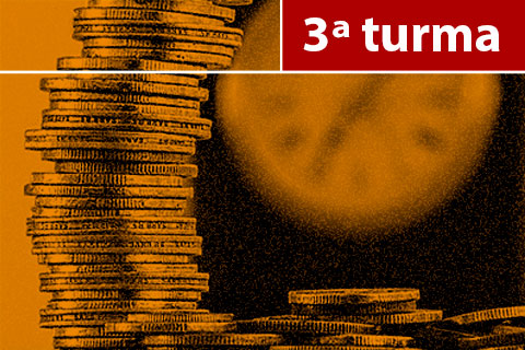 Ilustração representando uma pilha de moedas. Contém texto &quot;3ª Turma&quot;