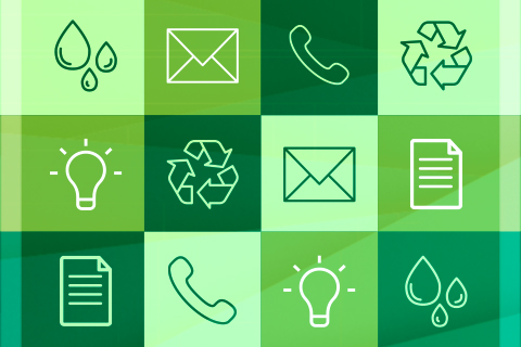 Arte gráfica sensibilizando sobre a redução no consumo de água, papel, energia e telefone