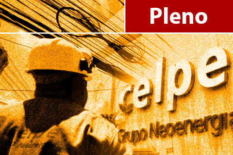Ilustração em filtro amarelo representando um operário em frente ao prédio da CELPE. No topo direito da figura há o texto &quot;Pleno&quot;