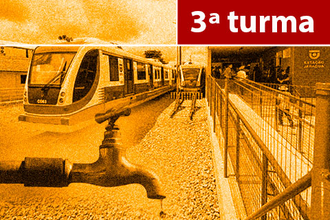 Ilustração representando uma estação de metrô. Há uma imagem de uma torneira sobreposta a ela e em um retângulo no topo direito da figura com o texto &quot;3ª Turma&quot;