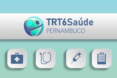  seringa, receituário, estetoscópio) e texto &quot;TRT6 Saúde Pernambuco&quot;