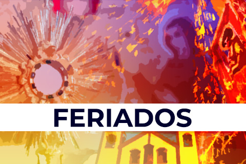 Ilustração com imagem de uma igreja católica e, por cima, o texto &quot;Feriados&quot;