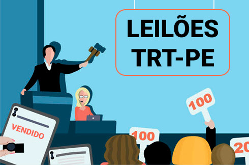 Ilustração representando um leilão e texto &quot;Leilões TRT-PE&quot;