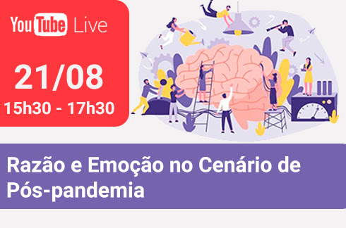 Ilustração de pessoas trabalhando em volta de um cérebro. Há o texto &quot;Razão e Emoção no Cenário de Pós-pandemia&quot;