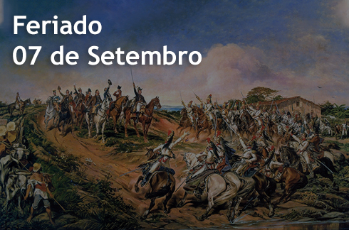 Ilustração com o famoso quadro de Pedro Américo &quot;Independência ou Morte&quot; que representa o momento em que Dom Pedro declarou a independência do Brasil de Portugal. A imagem também traz o texto &quot;Feriado 07 de Setembro&quot;