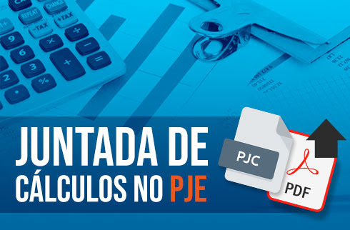 Ilustração com imagens dos formatos de documentos PDF e PJC e texto &quot;Juntada de cálculos no PJe&quot;