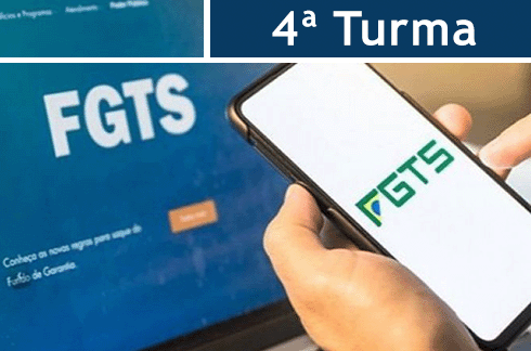 Ilustração de uma pessoa acessando informações sobre o FGTS pelo celular e pelo notebook. No topo da imagem há o texto &quot;4ª Turma&quot;