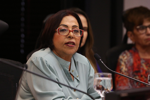 Fotografia da desa. Maria do Socorro Emerenciano falando ao microfone
