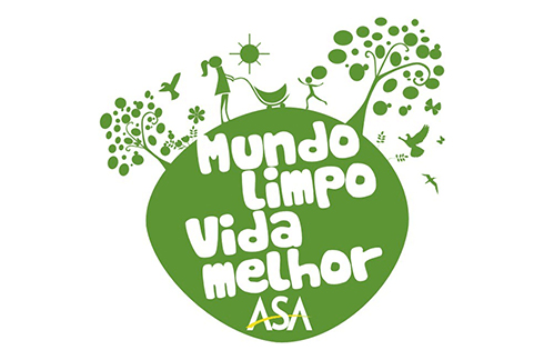 Ilustração representando um planeta verde, com árvores e uma mãe passeando com seus filhos. Contém texto &quot;Mundo Limpo Vida Melhor ASA&quot;