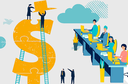 à esquerda mostra pessoas construindo um $, à direita uma bancada de pessoas usando computador