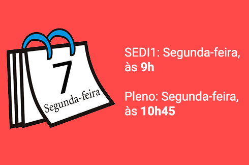 Ilustração com um calendário e texto - SEDI1 segunda, às 9h e Pleno segunda, às 10h45