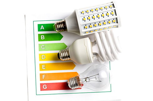 Ilustração com escala e imagem das lâmpadas mais econômicas (a escala vai de A até G)