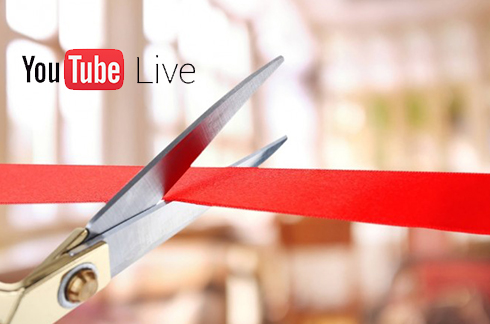  YouTube Live. Ao fundo, foto de uma tesoura cortando uma fita vermelha