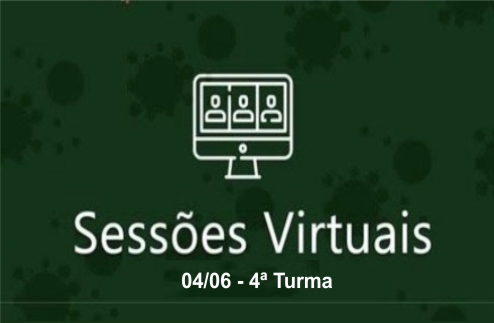 Computador e texto &quot;Sessões Virtuais 04/06 4ª Turma&quot;