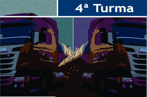 Ilustração com dois caminhões e texto &quot;4ª Turma&quot;