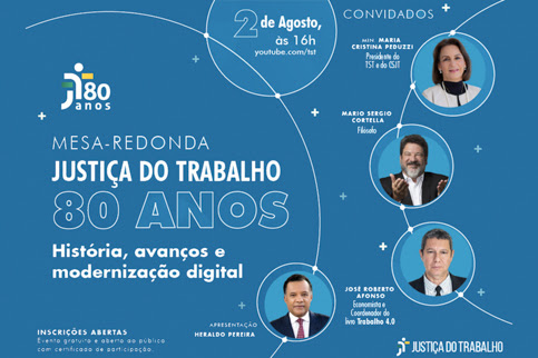 Ilustração com fotos dos participantes da mesa redonda dos 80 anos da Justiça do Trabalho