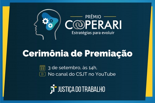 Arte mostra a marca do Prêmio Cooperari com o texto Cerimônia de Premiação dia 3 de setembro às 14 horas