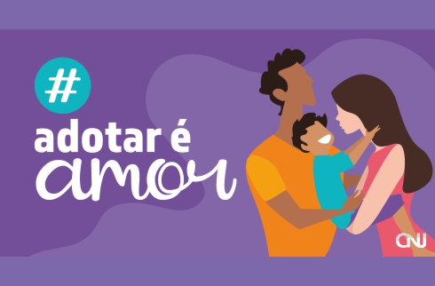 Ilustração de uim homem, uma criança e uma mulher se abraçando. Ao lado a hashtag #AdotarÉAmor