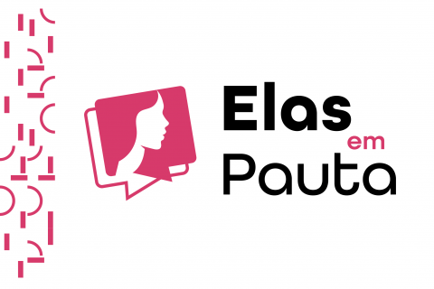Logotipo Elas em Pauta com perfil feminino em rosa e tipografia preta e rosa