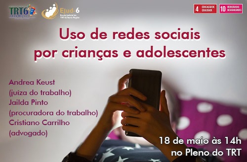 Imagem de adolescente com celular, deitado numa cama. Acima, o título da palestra e nome de quem vai palestrar com demais informações sobre o evento.