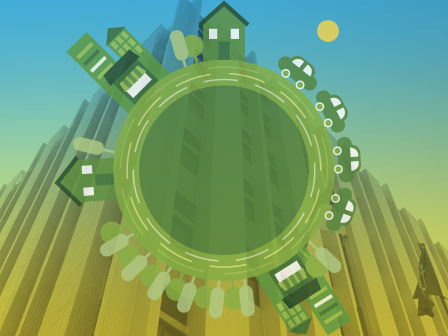 Ilustração verde, com árvores, carros e prédios dispostos em um círculo