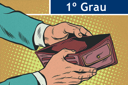 Ilustração de uma carteira vazia. No topo da imagem, há o texto &quot;1º Grau&quot;