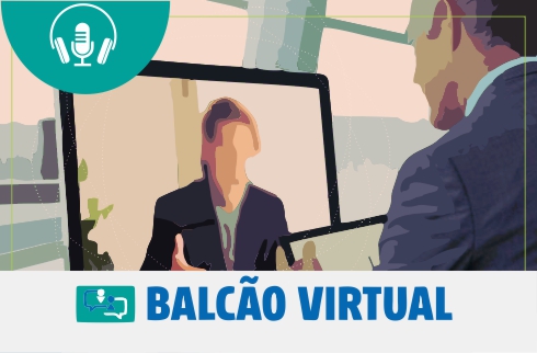 Ilustração de pessoas em videoconferência e texto Balcão Virtual