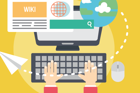  Fundo amarelo; tela, teclado e mouse de um computador; mãos sobre o teclado; elementos de pesquisa saindo da tela